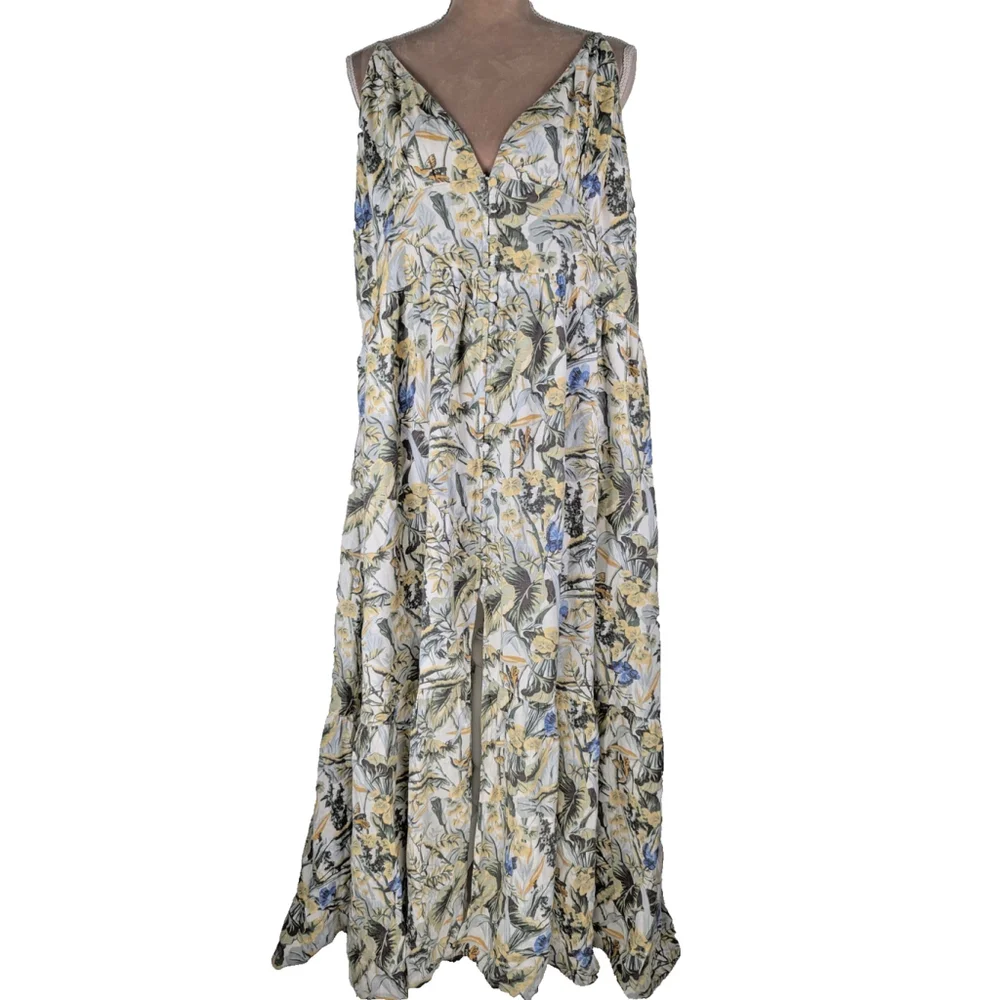 Abercrombie & Fitch Gabriella Linen Maxi Dress XXLP Floral Butterfly Cottagecore - Picture 2 of 13